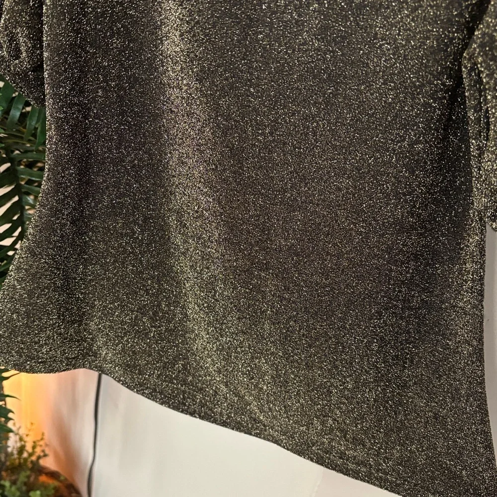 Boden Black Gold Metallic Sparkle Jersey Top Short Puff Sleeves Fitted Blouse